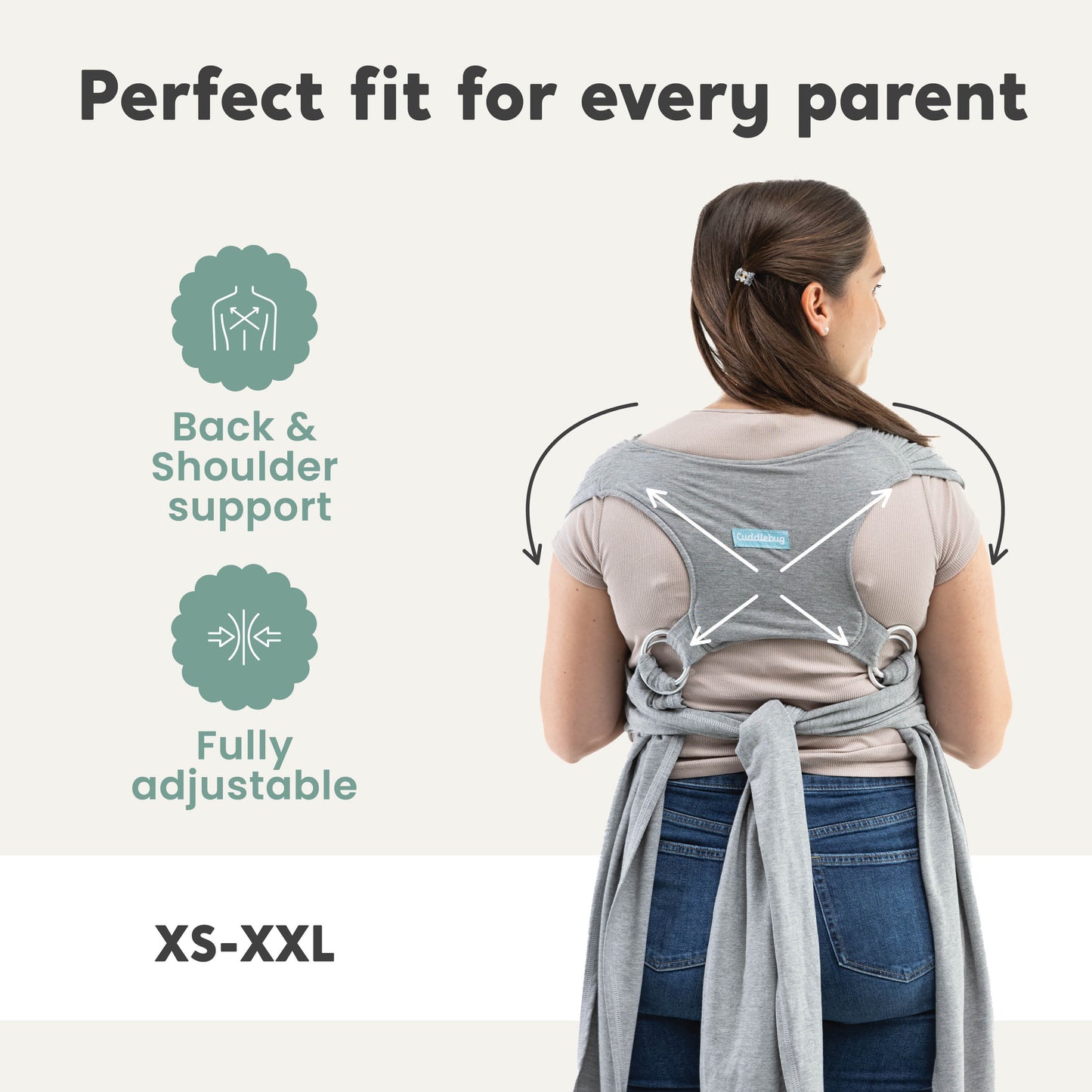 Ergonomic, hip-healthy baby wrap with adjustable fit for all body types.