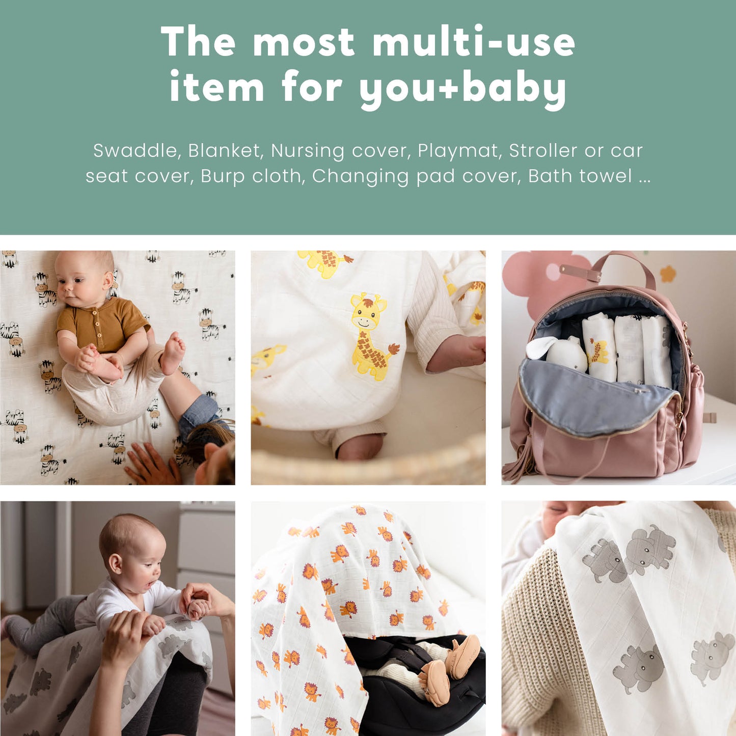 CuddleBug Muslin Cotton Swaddle Blankets (4 Pack) – Safari Friends design. Made from 100% premium muslin cotton, these extra-large, breathable 4x4 ft swaddles provide lightweight comfort and cozy security for better sleep.