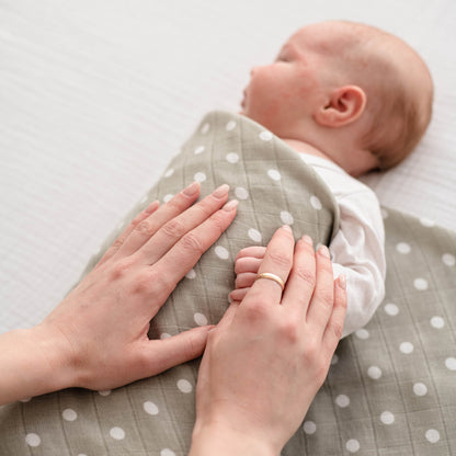 CuddleBug Muslin Cotton Swaddle Blankets (4 Pack) – Spots n' Stripes design. Made from 100% premium muslin cotton, these extra-large, breathable 4x4 ft swaddles provide lightweight comfort and cozy security for better sleep.