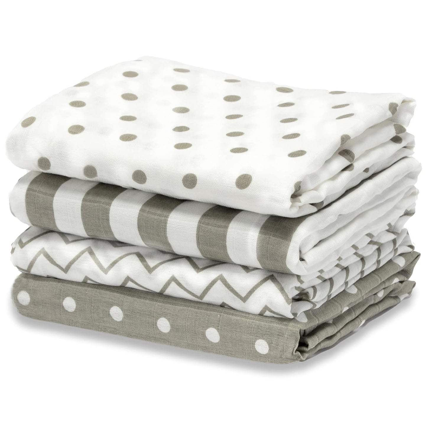 CuddleBug Muslin Cotton Swaddle Blankets (4 Pack) – Spots n' Stripes design. Made from 100% premium muslin cotton, these extra-large, breathable 4x4 ft swaddles provide lightweight comfort and cozy security for better sleep.