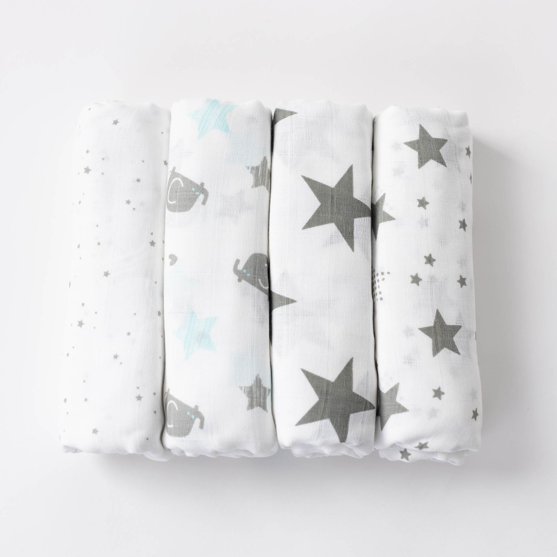 CuddleBug Muslin Cotton Swaddle Blankets (4 Pack) – Starry Nights design. Made from 100% premium muslin cotton, these extra-large, breathable 4x4 ft swaddles provide lightweight comfort and cozy security for better sleep.