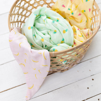 CuddleBug Muslin Cotton Swaddle Blankets (4 Pack) – Tutti Frutti design. Made from 100% premium muslin cotton, these extra-large, breathable 4x4 ft swaddles provide lightweight comfort and cozy security for better sleep.