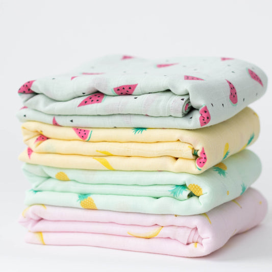 CuddleBug Muslin Cotton Swaddle Blankets (4 Pack) – Tutti Frutti design. Made from 100% premium muslin cotton, these extra-large, breathable 4x4 ft swaddles provide lightweight comfort and cozy security for better sleep.