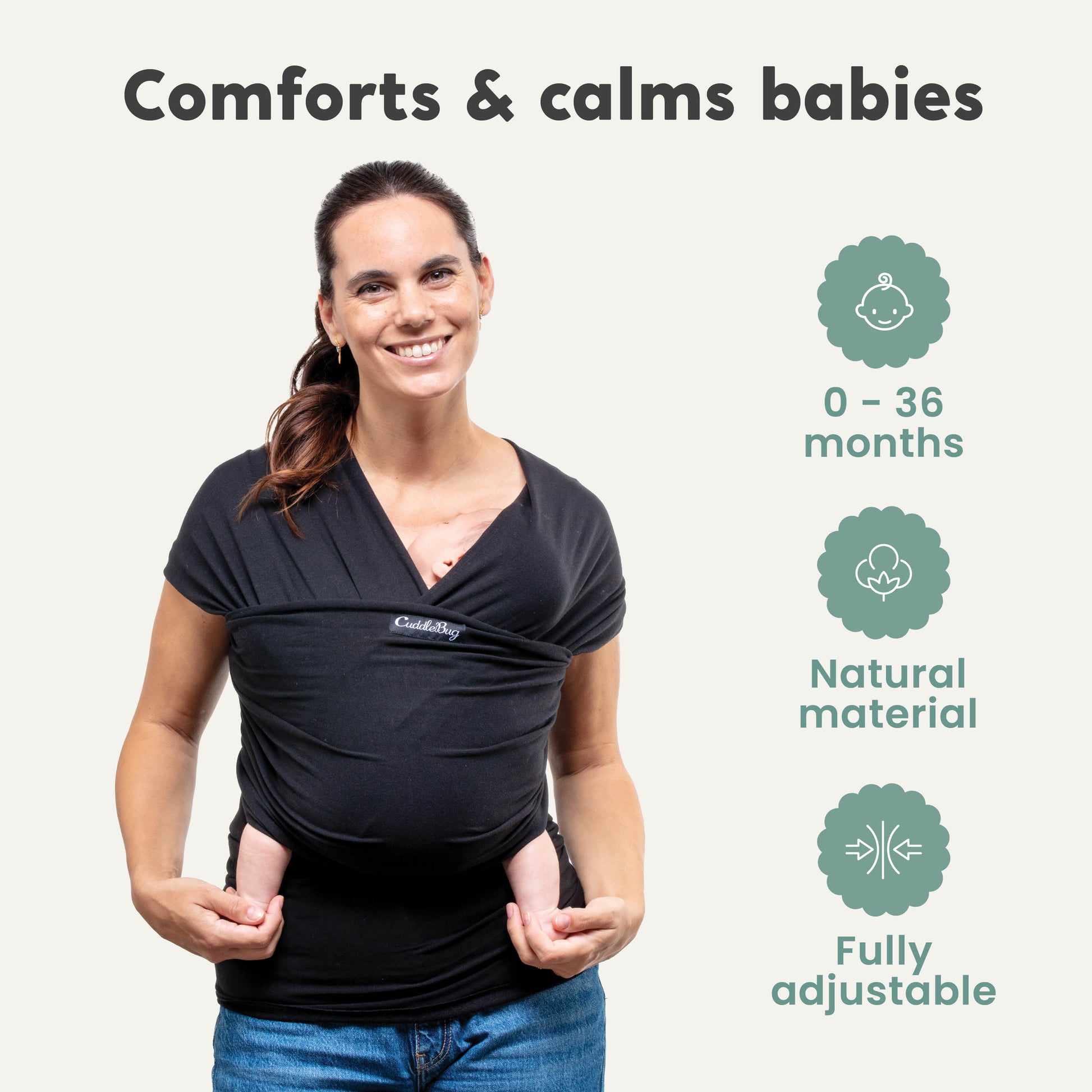 CuddleBug Original Baby Wrap – Black. A soft, stretchy cotton-spandex baby wrap for newborns to toddlers (7-35 lbs). Provides hands-free comfort, even weight distribution, and a secure, snug fit for all body types.