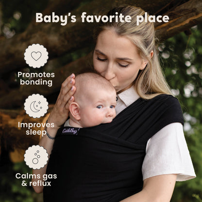 CuddleBug Original Baby Wrap – Black. A soft, stretchy cotton-spandex baby wrap for newborns to toddlers (7-35 lbs). Provides hands-free comfort, even weight distribution, and a secure, snug fit for all body types.