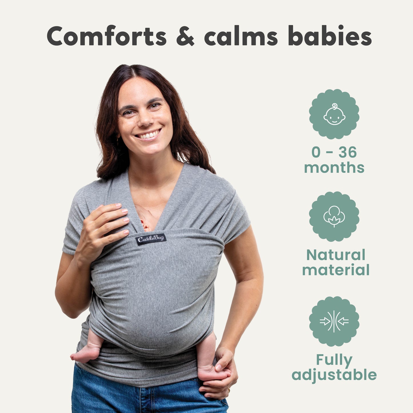 CuddleBug Original Baby Wrap – Gray. A soft, stretchy cotton-spandex baby wrap for newborns to toddlers (7-35 lbs). Provides hands-free comfort, even weight distribution, and a secure, snug fit for all body types.