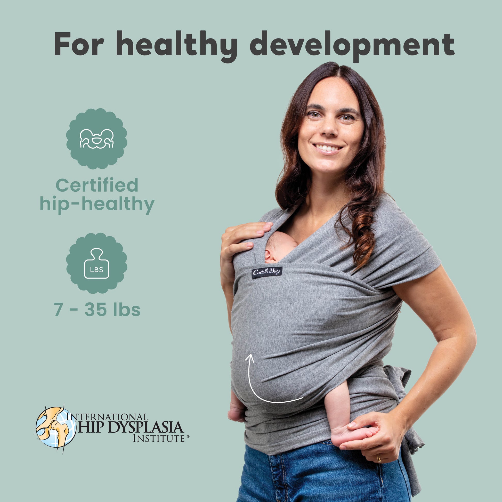 CuddleBug Original Baby Wrap – Gray. A soft, stretchy cotton-spandex baby wrap for newborns to toddlers (7-35 lbs). Provides hands-free comfort, even weight distribution, and a secure, snug fit for all body types.