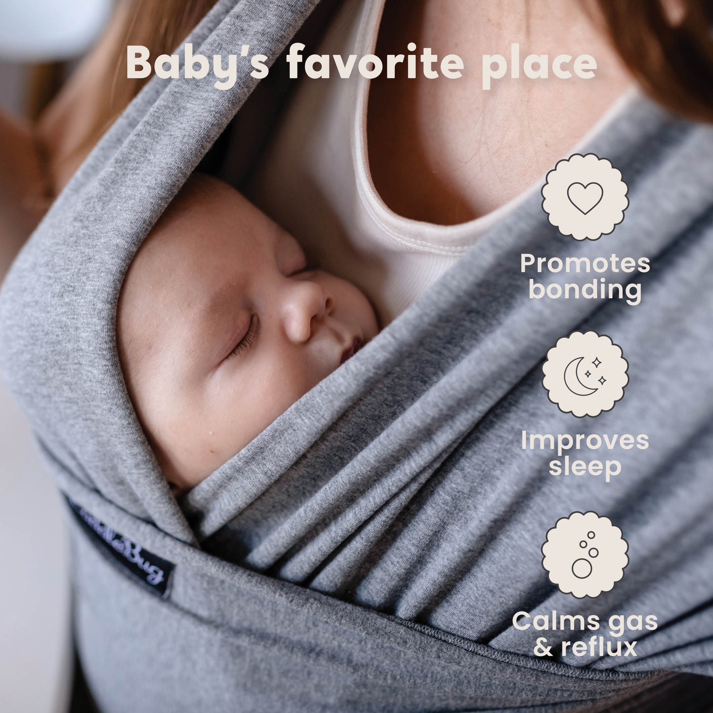 CuddleBug Original Baby Wrap – Gray. A soft, stretchy cotton-spandex baby wrap for newborns to toddlers (7-35 lbs). Provides hands-free comfort, even weight distribution, and a secure, snug fit for all body types.