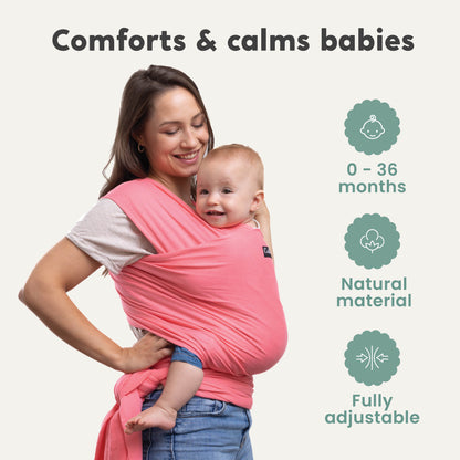 CuddleBug Original Baby Wrap – Pink. A soft, stretchy cotton-spandex baby wrap for newborns to toddlers (7-35 lbs). Provides hands-free comfort, even weight distribution, and a secure, snug fit for all body types.