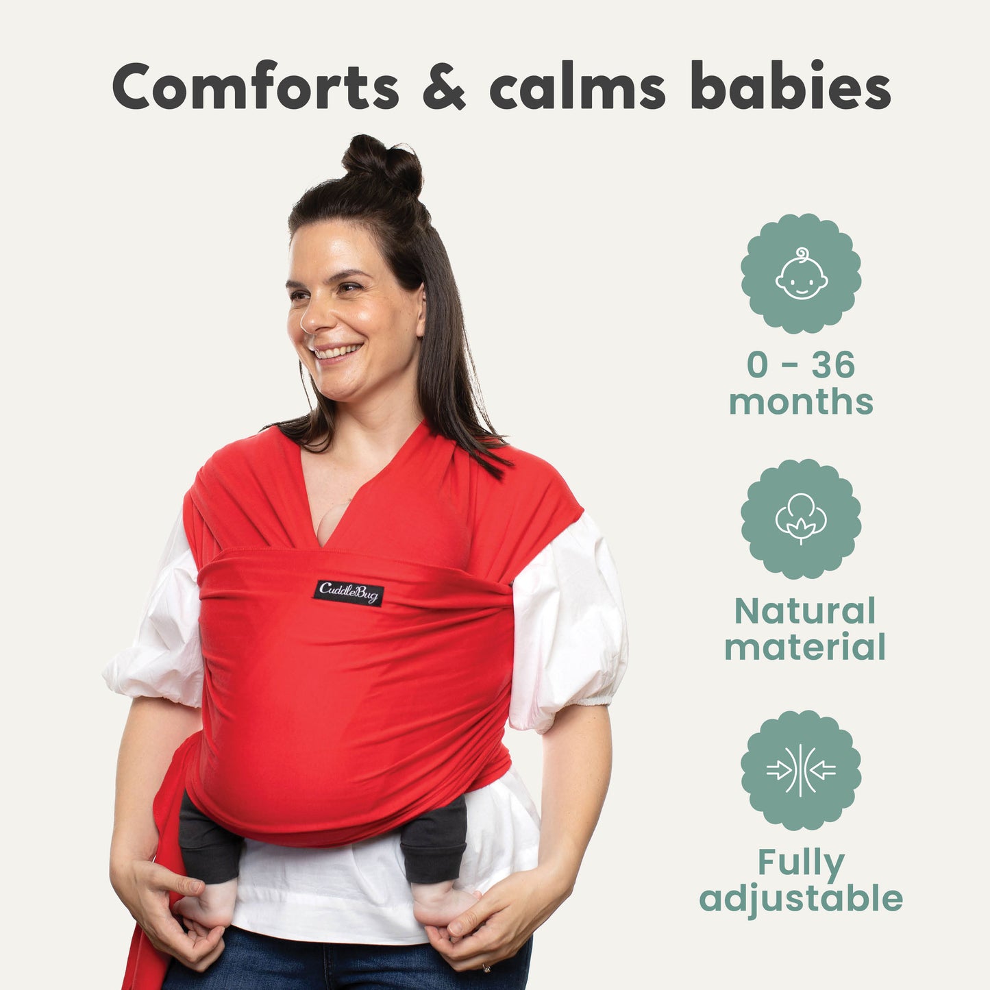 CuddleBug Original Baby Wrap – Red. A soft, stretchy cotton-spandex baby wrap for newborns to toddlers (7-35 lbs). Provides hands-free comfort, even weight distribution, and a secure, snug fit for all body types.