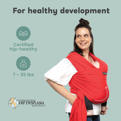 CuddleBug Original Baby Wrap – Red. A soft, stretchy cotton-spandex baby wrap for newborns to toddlers (7-35 lbs). Provides hands-free comfort, even weight distribution, and a secure, snug fit for all body types.