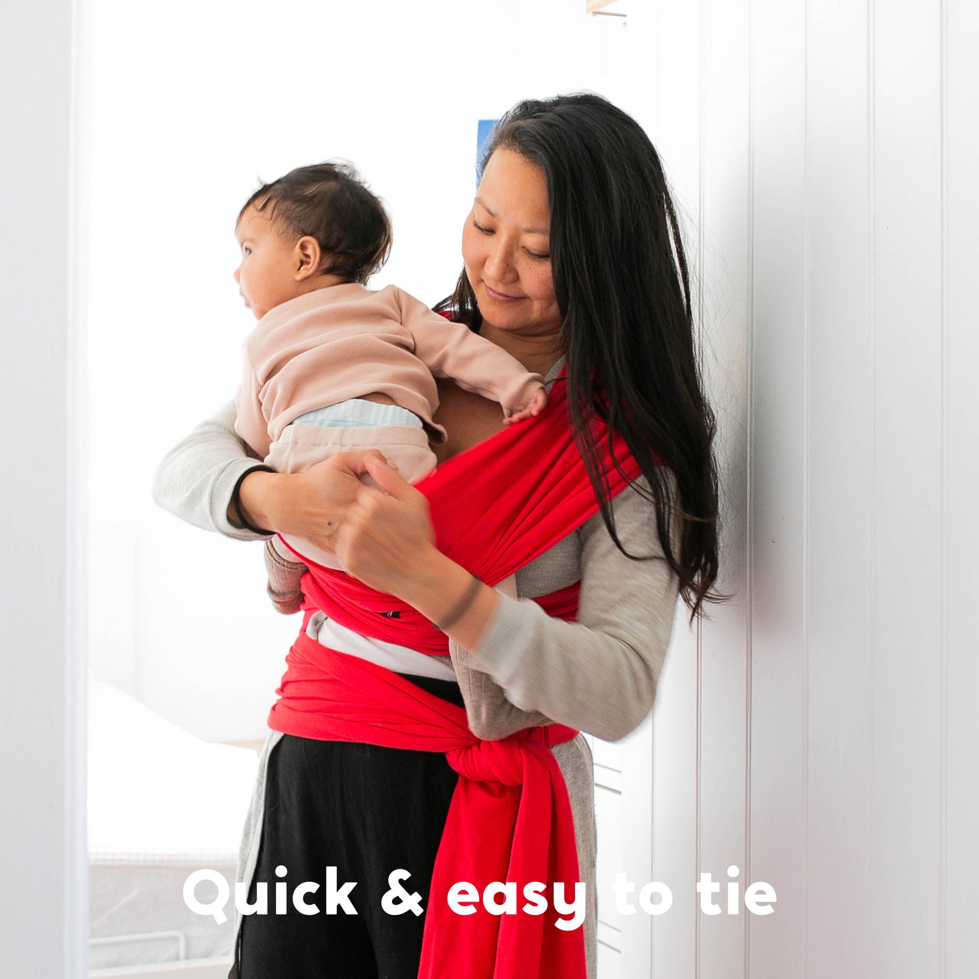 CuddleBug Original Baby Wrap – Red. A soft, stretchy cotton-spandex baby wrap for newborns to toddlers (7-35 lbs). Provides hands-free comfort, even weight distribution, and a secure, snug fit for all body types.