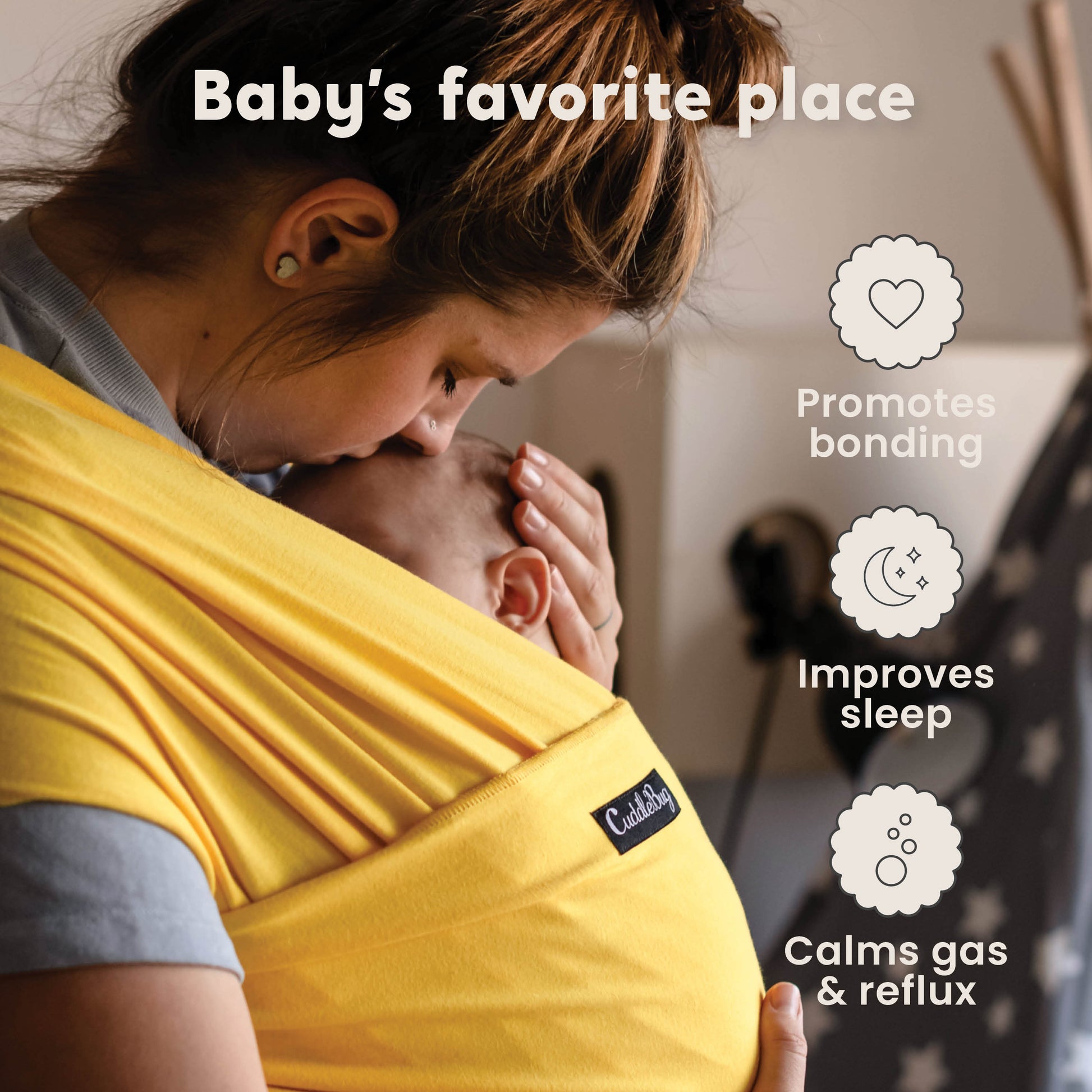 CuddleBug Original Baby Wrap – Yellow. A soft, stretchy cotton-spandex baby wrap for newborns to toddlers (7-35 lbs). Provides hands-free comfort, even weight distribution, and a secure, snug fit for all body types.