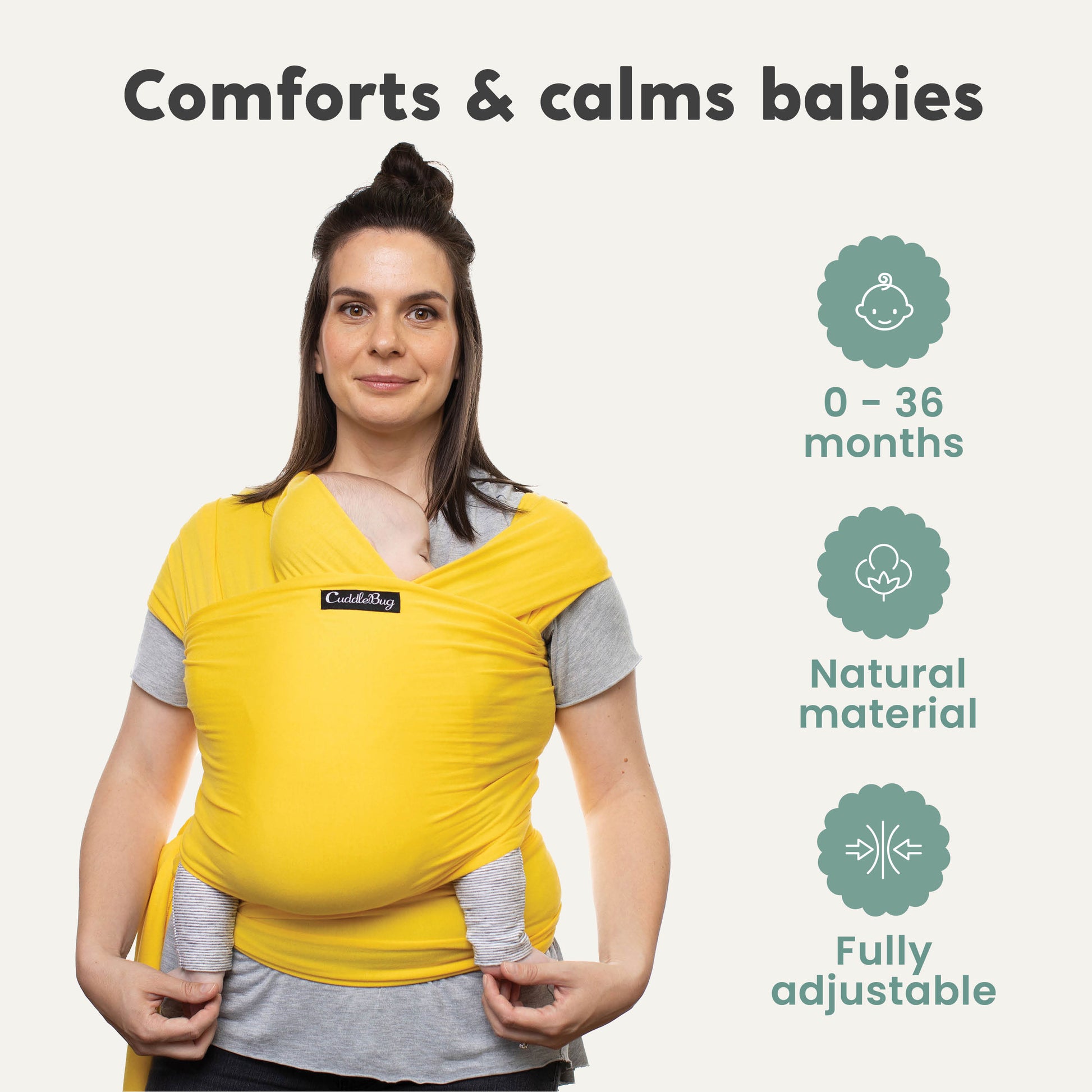 CuddleBug Original Baby Wrap – Yellow. A soft, stretchy cotton-spandex baby wrap for newborns to toddlers (7-35 lbs). Provides hands-free comfort, even weight distribution, and a secure, snug fit for all body types.