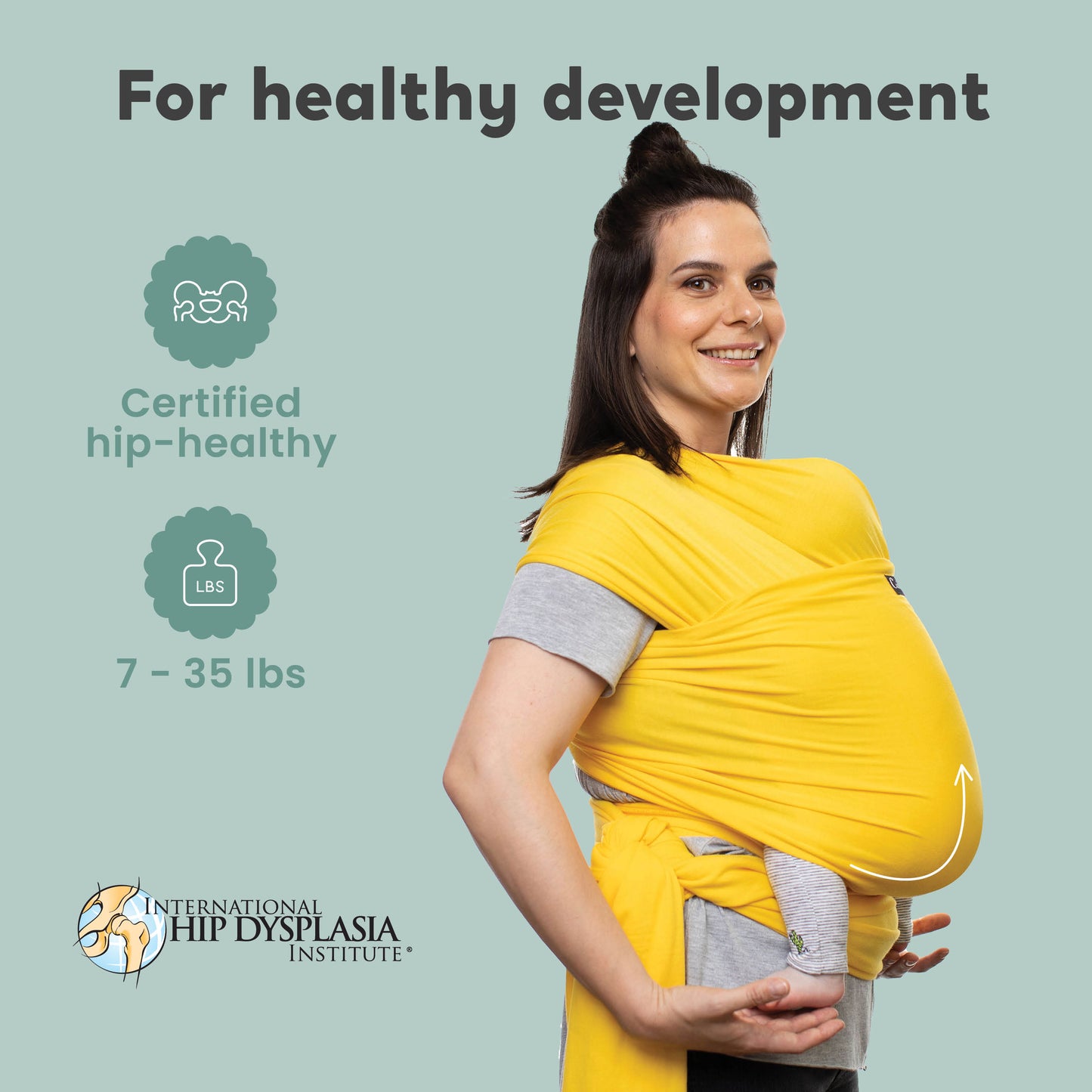 CuddleBug Original Baby Wrap – Yellow. A soft, stretchy cotton-spandex baby wrap for newborns to toddlers (7-35 lbs). Provides hands-free comfort, even weight distribution, and a secure, snug fit for all body types.