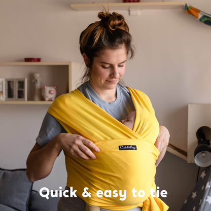 CuddleBug Original Baby Wrap – Yellow. A soft, stretchy cotton-spandex baby wrap for newborns to toddlers (7-35 lbs). Provides hands-free comfort, even weight distribution, and a secure, snug fit for all body types.