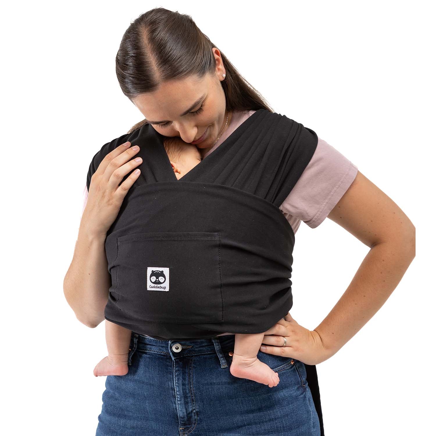 CuddleCarry™ Easy-Wear Baby Wrap Carrier in Black – a lightweight, T-shirt-style baby wrap offering a snug, hands-free fit for newborns to toddlers (8-35 lbs). Ergonomic, adjustable, and designed for all body types (XS-XXL).