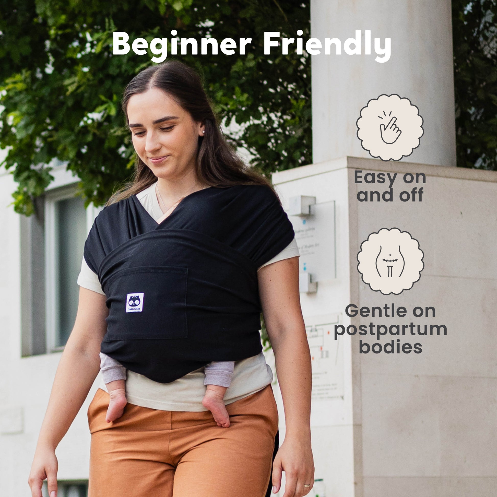 CuddleCarry™ Easy-Wear Baby Wrap Carrier in Black – a lightweight, T-shirt-style baby wrap offering a snug, hands-free fit for newborns to toddlers (8-35 lbs). Ergonomic, adjustable, and designed for all body types (XS-XXL).