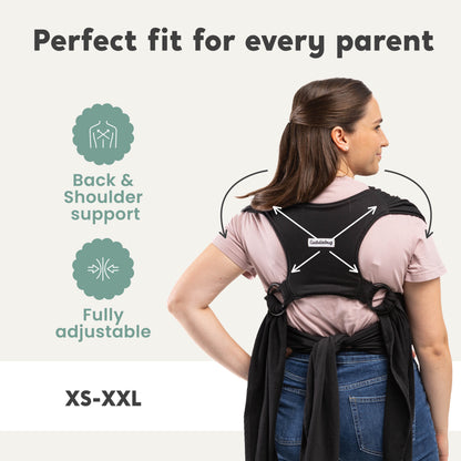 CuddleCarry™ Easy-Wear Baby Wrap Carrier in Black – a lightweight, T-shirt-style baby wrap offering a snug, hands-free fit for newborns to toddlers (8-35 lbs). Ergonomic, adjustable, and designed for all body types (XS-XXL).