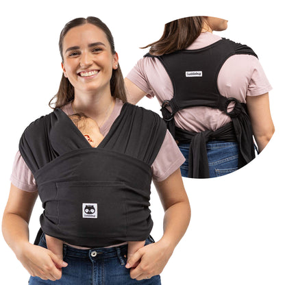 CuddleCarry™ Easy-Wear Baby Wrap Carrier in Black – a lightweight, T-shirt-style baby wrap offering a snug, hands-free fit for newborns to toddlers (8-35 lbs). Ergonomic, adjustable, and designed for all body types (XS-XXL).