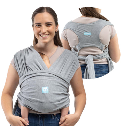 CuddleCarry™ Easy-Wear Baby Wrap Carrier in Gray – a lightweight, T-shirt-style baby wrap providing a snug, hands-free fit for newborns to toddlers (8-35 lbs). Ergonomic, adjustable, and designed for all body types (XS-XXL).